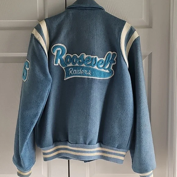 Vintage Butwin Wool Varsity High School Jacket Light Blue & White + Pins Dan
